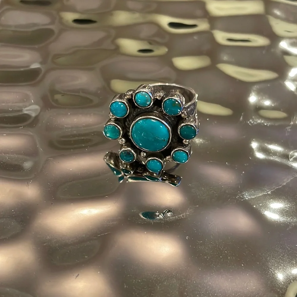Turquoise Native American Ring Sz 7 Stamped Sterling Silver Boho Rodeo Festival - Picture 1 of 5